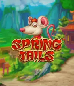 A charming illustration of a white rat wearing a red traditional Chinese outfit positioned in front of a vibrant landscape with mountains. The image represents the Spring Tails game by Betsoft, highlighted with bold red and gold logo text.