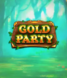 Step into the enchanted forest of Gold Party slot by Pragmatic Play, highlighting a beautifully designed wooden sign engraved with golden letters. The background features a misty green forest adding a touch of enchantment to the overall ambiance. Ideal for players who love enchanted forest settings, offering a captivating escape. 