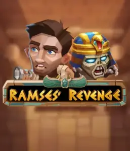 Uncover the thrilling world of Ramses' Revenge slot by Relax Gaming, highlighting a startled explorer and a terrifying mummy against an Egyptian tomb backdrop. This graphic captures the excitement of ancient Egyptian myths, ideal for fans of Egyptian-themed slots, offering a captivating escape. 